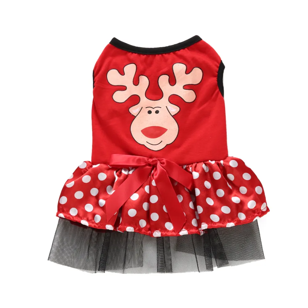 Elk design printed pet clothes dress red dogs dressed up pet christmas dresses sale manufacturer disfraz de reno para perro
