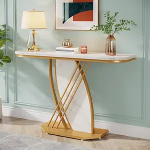 Gold Entryway Modern Console Table, Half Moon Entry Faux Marble Narrow Sofa Tables