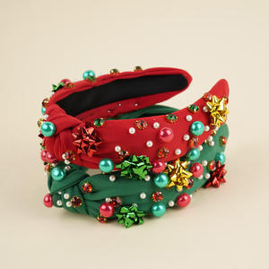 اكسسوارات زهرة الترتر باللون الأخضر والأحمر الأوروبي والأمريكية ، عصابة رأس لؤلؤ ، عقال قماش معقود لعيد الميلاد - Product Image 3