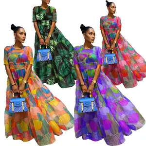 Zoyiame Custom Afrika Kleding Voor Vrouwen Jurk Nieuws Mode Korte Mouw Lange Jurken Mesh Casual Dames Print Maxi Jurk 2023