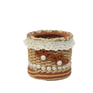 Porte-stylo en corde de chanvre tressée à la main, panier de rangement rond pour bureau avec perles et dentelle, pour le bureau ou l'école - Product Image 5