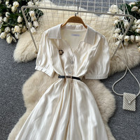 Robe élégante pour femmes WIWT, coupe A, manches bouffantes courtes, col chemise, robe décontractée avec ceinture pour tous les jours, vêtements pour femmes