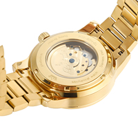 Montre mécanique de luxe en gros avec bracelet en acier doré, cadran gravé motif montagne et rivière chinois vintage, squelette tourbillon pour homme