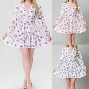 <strong>Plus</strong> <strong>size</strong> women's <strong>dress</strong> elegant and sweet V-neck pleated short long-sleeved printed maxi <strong>dress</strong> spring - Product Image 4