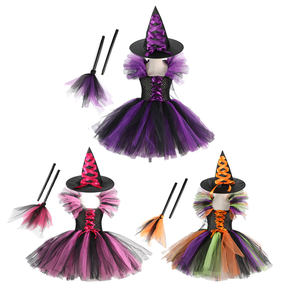 Nuevo disfraz de bruja <span class=keywords><strong>para</strong></span> niños, disfraz <span class=keywords><strong>para</strong></span> niñas, tutú de Halloween, vestido hasta la rodilla <span class=keywords><strong>con</strong></span> sombrero, escoba, pantimedias, conjunto de traje de fiesta de Cosplay de <span class=keywords><strong>Carnaval</strong></span> - Product Image 1