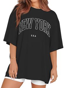 เสื้อยืดผ้าฝ้ายโอเวอร์ไซส์สำหรับผู้หญิง คอกลม แขนสั้น พิมพ์ลายตัวอักษร เสื้อถัก สวมใส่สบายๆ ในฤดูร้อน - Product Image 1