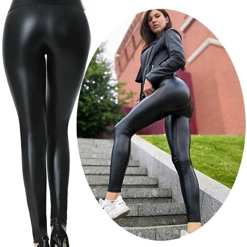 卸売プラスサイズの合成皮革レギンス女性黒赤光沢のあるズボン伸縮性のあるPuパンツ