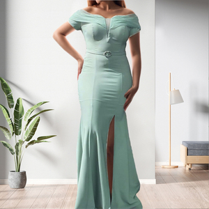 Vestido de Noche Largo para Mujer, Elegante, de Color Sólido, con Malla en el Hombro, Corte Entallado, Cintura Natural, Ecológico, Transpirable - Product Image 2