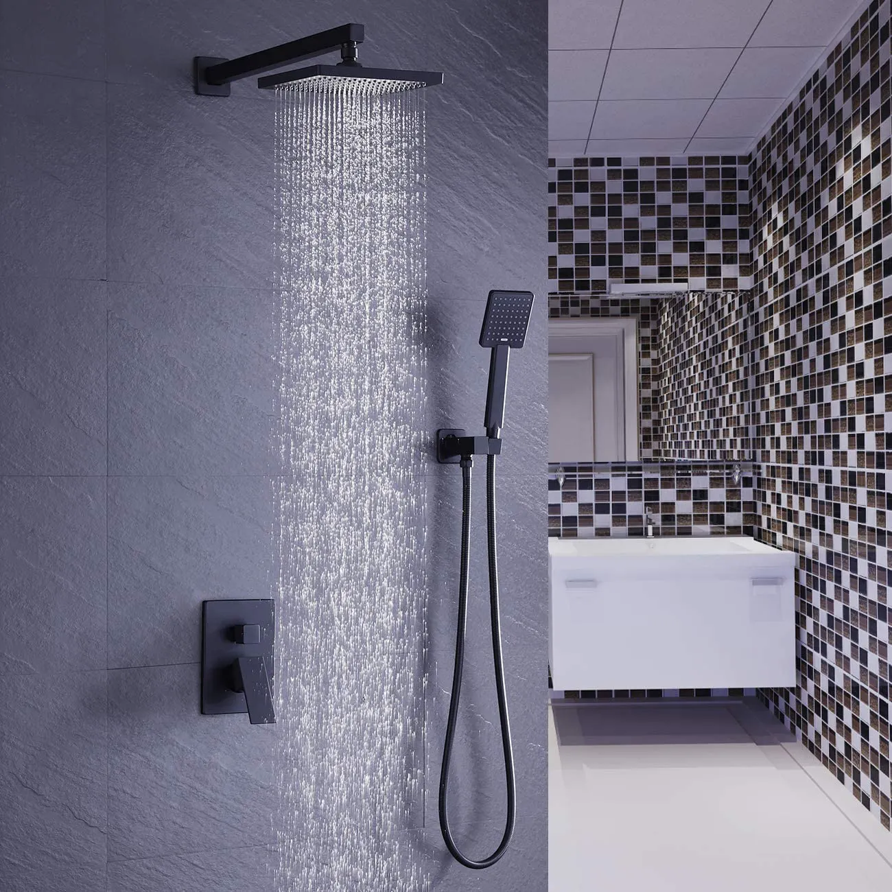 Luxury home Black bathroom concealed brass Shower faucet set with big shower head