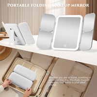 Cermin Rias LED Alami dengan Lampu, Cermin Vanity Lipat Tiga Persegi dengan Perbesaran 10X/30X, Layar Sentuh, Kaca Plastik, Perak