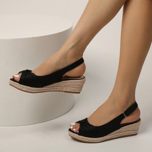 Sandalias de cuña con punta abierta, parte superior sintética, suela de paja, decoración de lazo, zapatos de verano para mujer, con aumento de altura, sin cordones, con tira trasera - Product Image 1
