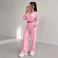 Setelan Olahraga Wanita Velvet Berkualitas Tinggi OEM Custom, Hoodie Pendek Ritsleting dan Celana Panjang Lebar, Tren Streetwear Y2K 2 Potong