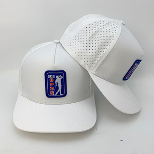 Casquettes de baseball OEM ODM pour l'extérieur, pare-soleil, style golf, 5 panneaux, avec patch tissé, visière légèrement incurvée, cordon et perforations découpées au laser - Product Image 6