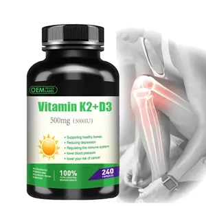 Etiqueta privada Vitamina D3 K2 Tabletas Materia prima vegana 5000iu Vitamina D3 K2 Cápsulas Suplemento para la salud ósea