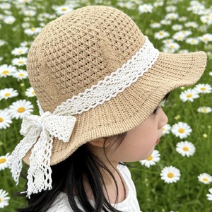 Chapeau de paille pour enfants Xi Boyu, taille unique pour les 2-6 ans, beige kaki, bordure en dentelle, protection solaire, sortie à la plage, style frais et doux - Product Image 4