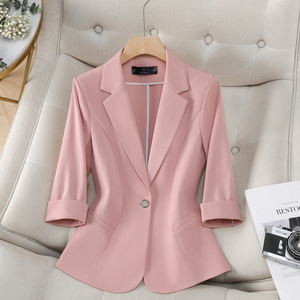 Women's Blazer Pink Slim Fit Three Quarter Sleeve Work Commuting Suit Jacket Worsted Fabric Elegant Office Wear - Product Image 3
