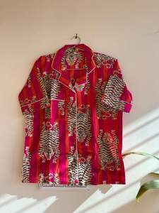 Conjunto de pijama de algodón con rayas rosas y naranjas para mujer, ropa de casa con estampado de tigre Sexy, pantalones cortos, ropa de dormir suave y cómoda con estampado de bloques a mano - Product Image 3