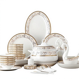 Service de vaisselle en porcelaine fine de Jingdezhen, compatible micro-ondes, avec bordure dorée, design moderne, ensemble d'assiettes et de bols, cadeau d'entreprise, lot d'usine - Product Image 1