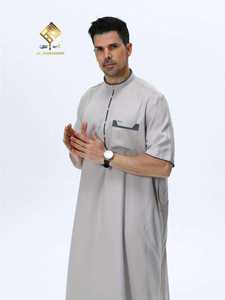 AL HARAMAIN <b>Men</b> <b>Thobe</b> Stand Collar Short Sleeve Floor Length Cotton Prayer Robe Solid Color Modest Middle East Style - Product Image 3