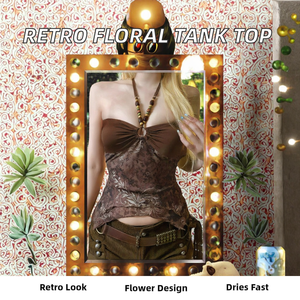 Top Corto de Verano para Mujer, Estilo Vintage, Floral, Transpirable, Ecológico, de Secado Rápido, Cuello en V, Tejido de Punto, Sin Mangas - Product Image 2
