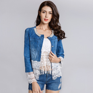 Hipster Ngọc Trai Chaqueta De Mezclilla Para Mujer Ren Chắp Vá Ngắn Denim Jacket Ladies - Product Image 3