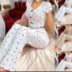 Ensemble pyjama pour femmes avec imprimé cœur, vêtements de nuit d'été mignons, shorts, nuisette, vêtements de maison - Product Image 2