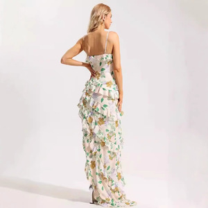 Off Shoulder <b>Spaghetti</b> Strap Chiffon Floral Print Evening Dress Empire Waistline <b>Long</b> Length Women's Formal Wear - Product Image 3