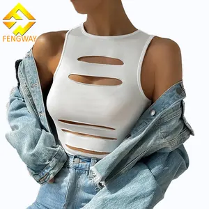 Tank Top ketat berongga mode baru 2024 kaus tanpa lengan warna polos Slim Fit atasan Crop untuk wanita