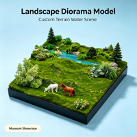 Modèle de paysage architectural personnalisé avec terrain, éléments aquatiques et figurines d'animaux