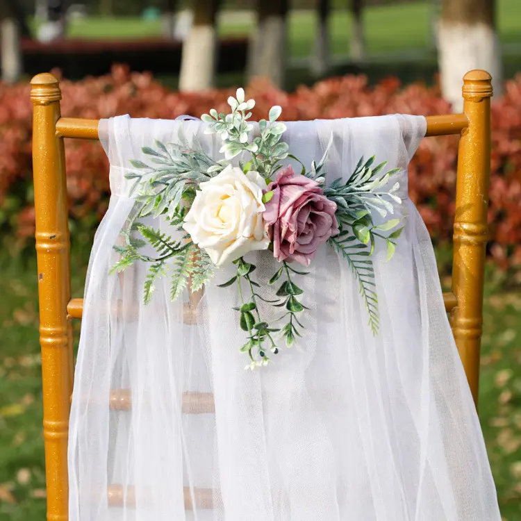 Alta qualità fiore artificiale Tulle seta sedia schienale fiore copre telai sedia per la decorazione di fotografia di nozze all'aperto
