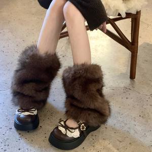 Buzlu Tek Renk El Yapımı Çorap Kılıfları Sonbahar Kış Kahverengi Retro Suni Kürk Bacak Isıtıcıları Y2K Millennial Hot Girl Baldır Isıtıcıları - Product Image 2