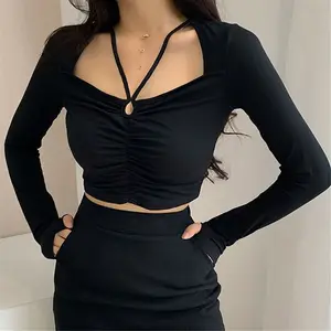 R41422S wholesale hollow out pleated solid color slim short cropped long-sleeved square neck women blouses