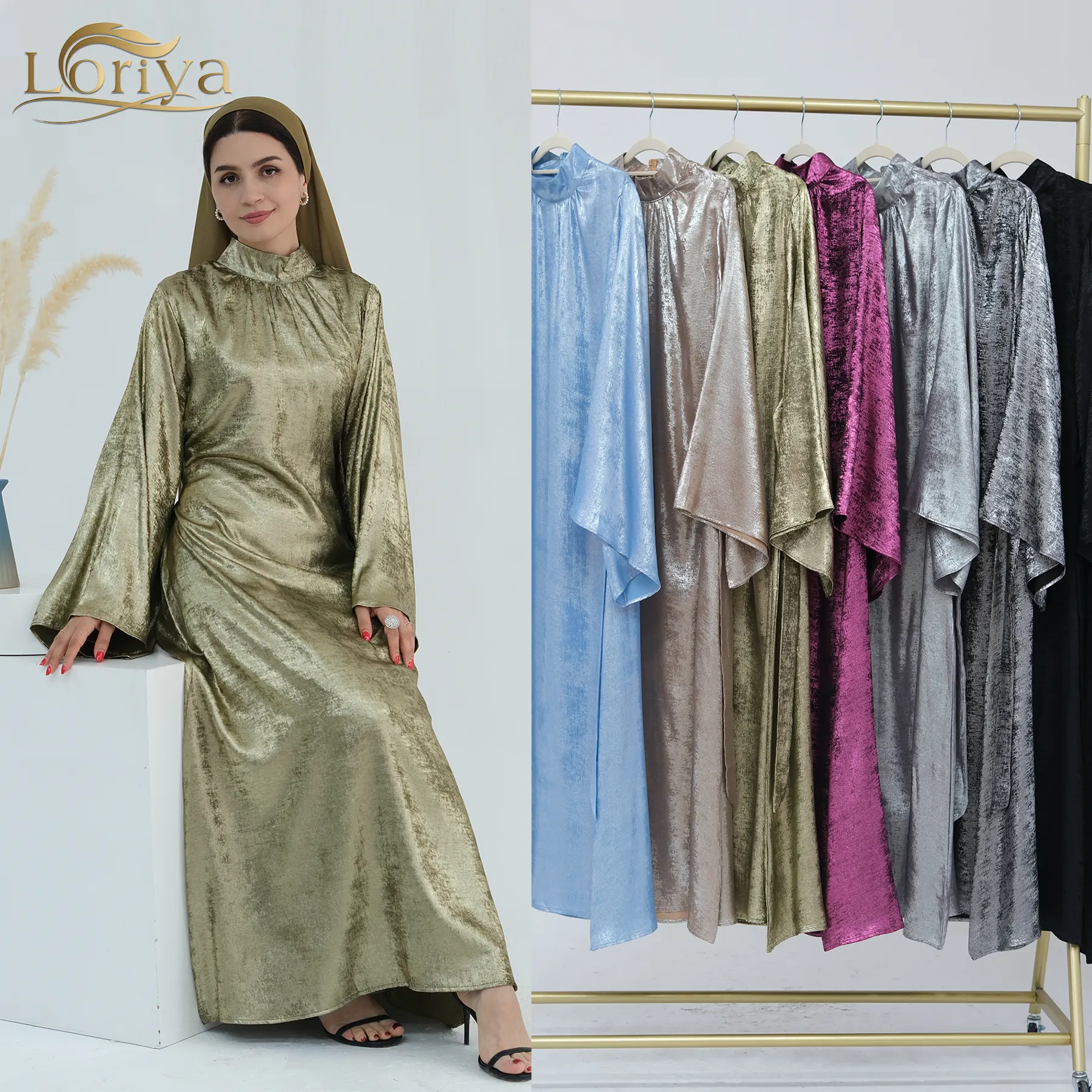 2024 Lebaran baru gaun Muslim sederhana lengan panjang Shinny Polyester mode Dubai Abaya gaun wanita elegan pakaian Islami