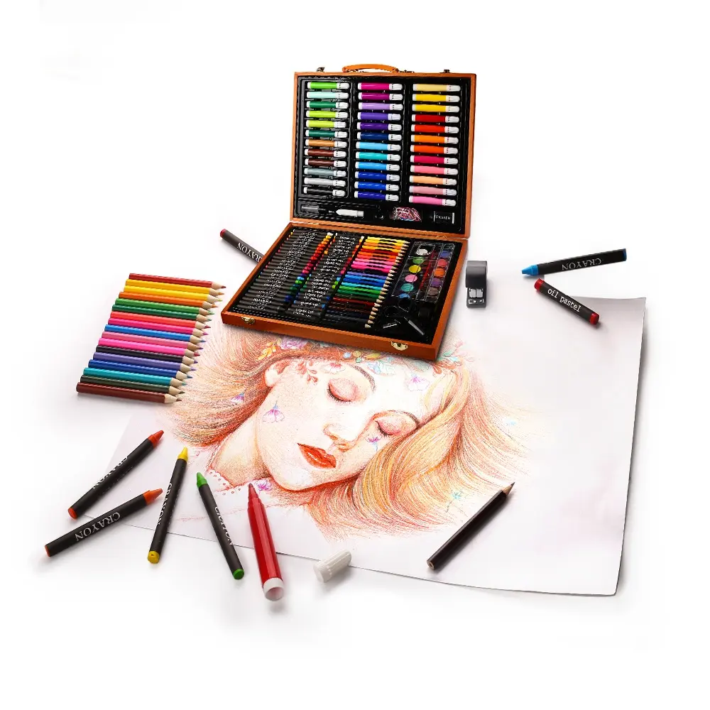 145 Piece Deluxe Art Set, Wooden Art Box & Drawing Kit Crayons, Oil  Pastels, Pencils, Watercolor, Sketch Paint Brush Color Chart cherry 