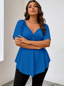 Chemisier décontracté à col en V et manches courtes nouées, tricoté avec motif 3D, pour femme grande taille, été-automne - Product Image 6