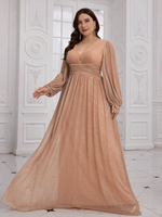 Robe de soirée élégante pour femmes grandes tailles, couleur champagne, col en V, manches longues lanternes, broderie brillante, coupe ajustée, style A-line