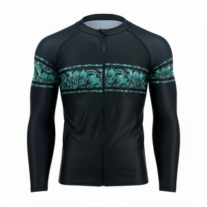 Veste de compression zippée noire pour homme avec rayures florales à manches longues Gym Training Sportswear Full Length - Product Image 1