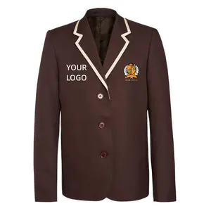 Áo Khoác Blazer Màu Hạt Dẻ Đại Học Tùy Chỉnh Đồng Phục Trường Học Thêu Logo Cho Học Sinh Trung Học Cơ Sở