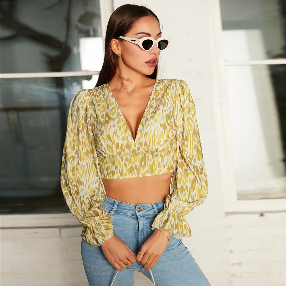 Double Crazy V Neck Backless Top Women Shirts Blouses And Long Sleeve Crop Top