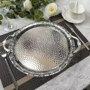 Metal Handle Household Tray Hotel Food Silver Golden Plated Mirrored Decoration Food Serving Tray