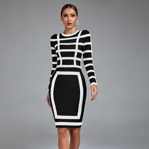 Ocstrade 2022 зимнее элегантное офисное классическое платье черно-белое Полосатое Бандажное платье миди женские повседневные платья с длинным рукавом
