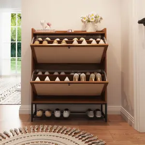 עץ טבעי ארון נעליים ארון בגדים 2 להעיף גדר מגירות על רגליים מתכת עליון אחסון נעליים - Product Image 3