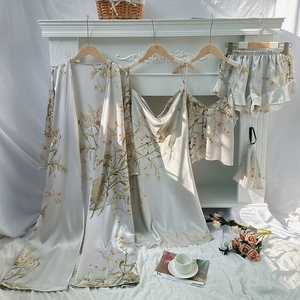 Pyjama décontracté en <span class=keywords><strong>satin</strong></span> vintage pour femme, ensemble cinq pièces, motif floral, été/automne, manches longues/courtes, séchage rapide, pour la maison - Product Image 3