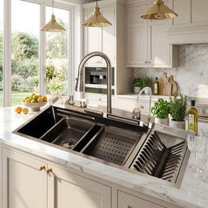 Évier de cuisine simple en acier inoxydable 304 avec robinet cascade, évier de travail à une seule cuve avec égouttoir intégré - Product Image 2