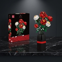 Set Buket Bunga Mawar Taman Kebun Alami Model Bata Bunga Merah Putih dalam Vas Hitam DIY Dekorasi Rumah Hadiah