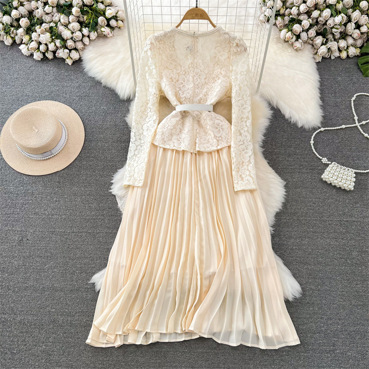 2024 Autumn Elegant Long Sleeve Patchwork High Waist a Line Dress Women  Lace Top Pleated Skirts| Alibaba.com
