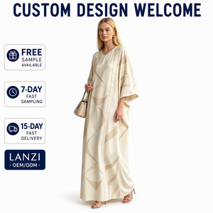 Abito Kaftano Personalizzato da <span class=keywords><strong>Donna</strong></span> Taglie Forti, Maxi Abaya Modesto con Scollo a V Ampio, Lunghezza Intera, Jacquard, Stampa Digitale Estiva per Acquirenti di Dubai - Product Image 1