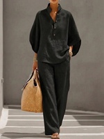 Set Celana Katun Linen Wanita Kasual, Atasan Kancing V-neck Lengan Panjang, Celana Kaki Lebar 2-Piece Set Anti-Pilling Anti-Kerut