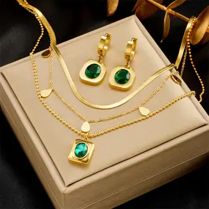 Ensemble de bijoux collier boucles d'oreilles émeraude design rétro en acier inoxydable à la mode pour femmes