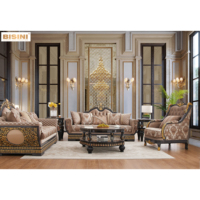 Ensemble de canapés sectionnels 1+2+3 en bois massif sculpté à la main, style royal français, avec chaise en cuir véritable or et blanc